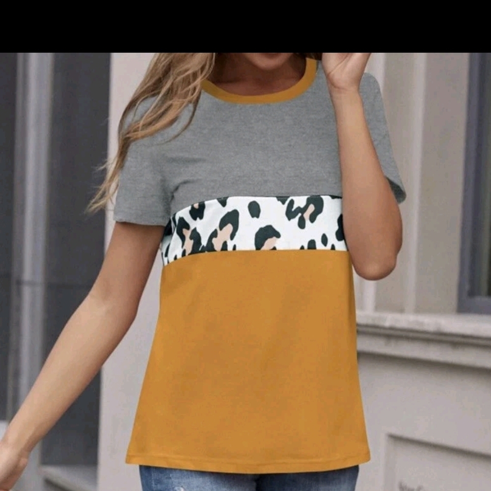 SHEIN Mustard and Gray Tee with Leopard Print